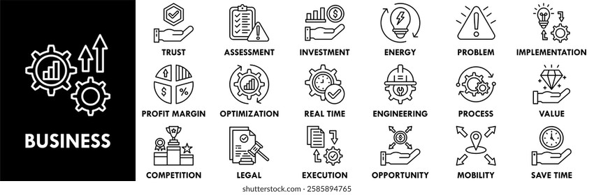 Business icon collection set. Containing design strategy, businessman, growth, success, team