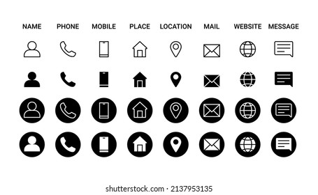 Business icon for company connection set in different style. Name, phone, mobile, place, location, mail, website and message card sign. Contact symbol  design template. Vector illustration