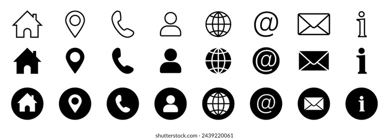 Business icon for company connection set in different style. Name, phone, mobile, place, location, mail, website and message card sign. Contact symbol design template. Vector 10 eps.