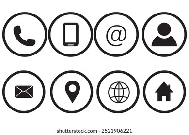 Business icon for company connection set in different style. Name, phone, mobile, place, location, mail, website and message card sign. Contact symbol design template. Vector 10 eps.