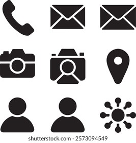 Business icon for company connection set in different style. Name, phone, mobile, place, location, mail, website and message card sign. Contact symbol design template.