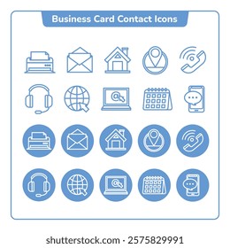 Business icon for company connection set in different style. Name, phone, mobile, place, location, mail, website and message card sign. 