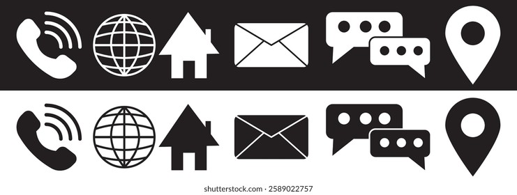 Business icon for company connection set in different style. Name, phone, mobile, place, location, mail, website and message card sign. Contact symbol design template.