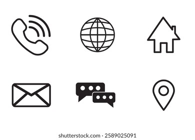Business icon for company connection set in different style. Name, phone, mobile, place, location, mail, website and message card sign. Contact symbol design template. Vector 10 eps.