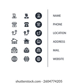 Business icon for company connection set in different style. Name, phone, mobile, place, location, mail, website and message card sign. Contact symbol design template. Vector 10 eps.