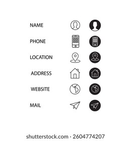 Business icon for company connection set in different style. Name, phone, mobile, place, location, mail, website and message card sign. Contact symbol design template. Vector 10 eps.