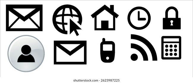 Business icon for company connection set in different style. Name, phone, mobile, place, location, mail, website and message card sign. Contact symbol design template. Vector 10 eps.
