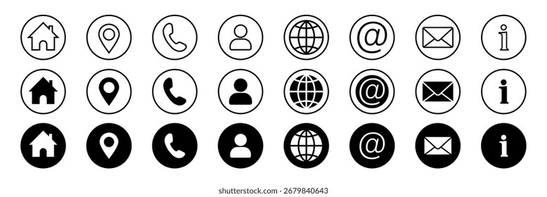 Business icon for company connection set in different style. Name, phone, mobile, place, location, mail, website and message card sign. Contact symbol design template. Vector 10 eps.