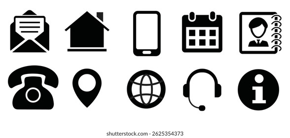Business icon for company. Web icon set. Phone, name, website, address, location and mail logo symbol sign pack. Contact information icons for business cards
