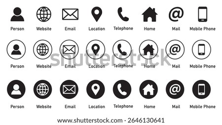 Business icon for company. Web icon set. Phone, name, website, address, location and mail logo symbol sign pack. Contact information icons for business cards. line art icons