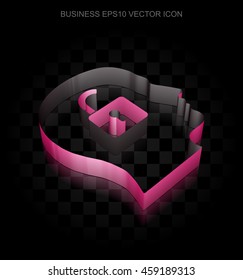 Business icon: Crimson 3d Head With Padlock made of paper tape on black background, transparent shadow, EPS 10 vector illustration.