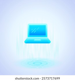 Business icon depicting a glowing blue laptop with a screen and keyboard. The laptop is stylized with a futuristic design, emphasizing its modern and digital nature