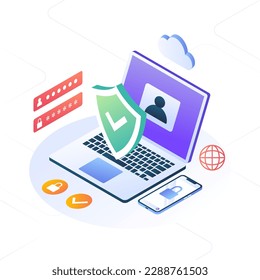 Icono comercial y desarrollo de un negocio exitoso. un vector de desarrollo limpio y financiero isométrico. portátil y móvil con tecnología de nube y seguridad herramientas empresariales de aplicación moderna web