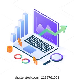 Business icon and developing a successful business strategy. Growth infographic marketing and finance development concept vector isometric. laptop with technology business tools modern application web