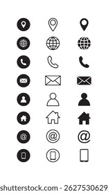 A business icon with a distinct style for a firm link. Name, contact information, phone, mobile, address, mail, website, and message card sign. Design template for contact symbols.