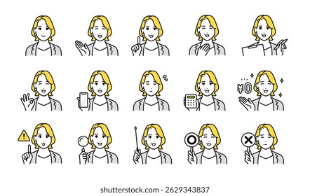 Business icon facial expression set for middle-aged female consultants