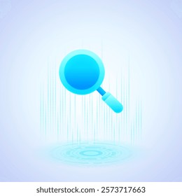 Business icon featuring a blue magnifying glass with a handle, symbolizing search or investigation The magnifying glass is centrally positioned and prominently displayed representing clarity and focus