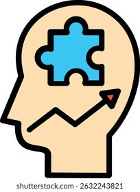 Business icon featuring a head with blue puzzle piece and red arrow for analytical concept, suitable for corporate presentations and infographics on problem solving solutions.