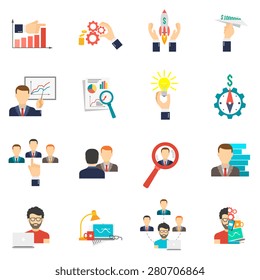 Business icon flat set with charts meetings investment ideas isolated vector illustration