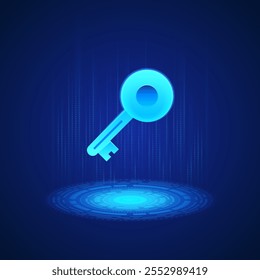 Business icon of a glowing blue key with a circular head and a rectangular shaft, symbolizing access and security. The design is digital and futuristic, modern business contexts