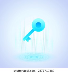 Business icon of a glowing blue key with a circular head and a rectangular shaft, symbolizing access and security. Futuristic design, emphasizing its relevance in modern business contexts