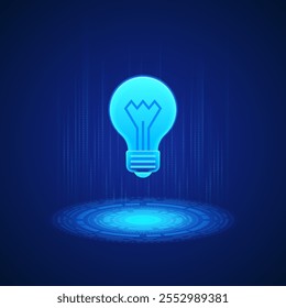 Business icon of a glowing blue light bulb with a stylized filament inside, representing ideas and innovation. The design is modern and digital, symbolizing creativity and bright concepts in business