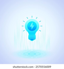 Business icon of a glowing blue light bulb with a lightning bolt inside, surrounded by small lines indicating illumination. This represents the concept of an idea symbolizing innovation and creativity