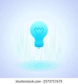 Business icon of a glowing blue light bulb with a stylized filament inside, representing ideas and innovation. The design is modern and digital, symbolizing creativity and bright concepts in business
