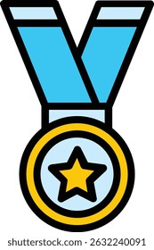 Business icon of a gold medal with a blue ribbon for appreciation suitable for awards, recognition, acknowledgment, achievement concepts.