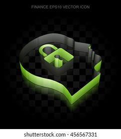 Business icon: Green 3d Head With Padlock made of paper tape on black background, transparent shadow, EPS 10 vector illustration.