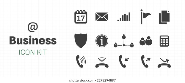Business Icon Kit Sammlung mit flachen einfachen Symbolen für Kontakte, E-Mail, Telefon, Adresse, Kalender und mehr.