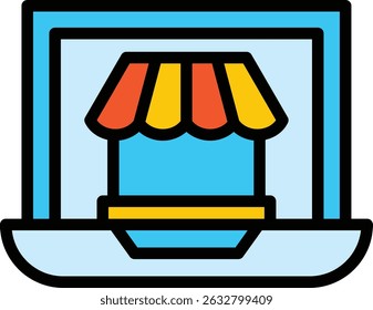Business icon laptop shows an online store for ecommerce success. Suitable for websites, blogs, presentations, and social media posts.