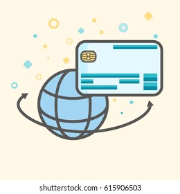 Business icon, management. Simple vector icon of a globe and credit card. Flat style.
