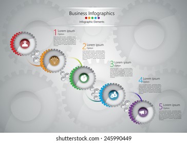 Business Icon on Gear Symbols With Number and Information Text, Gear Symbols Background, Business Infographics, Vector Illustration
