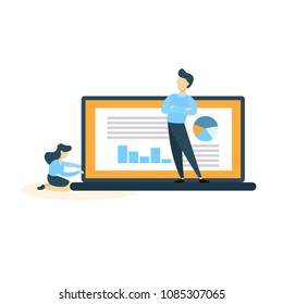Business icon of people working with computer and data.