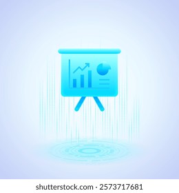 Business icon of a presentation board with an upward trend graph, bar chart, and pie chart, symbolizing data analysis and financial reporting. Ideal for business meetings, and strategic planning