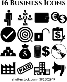 business icon set. 16 icons total. Universal and Standard Icons.