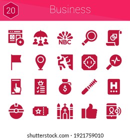 business icon set. 20 filled icons on theme business. collection of Add, Ticket, Placeholder, Dohyo, Church, Dollar, Climbing, Flag, Profile, Nbc, Graphic design, Magnifying glass