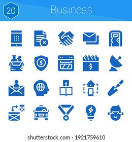 business icon set. 20 filled icons on theme business. collection of Responsive, Smart home, Calendar, Satellite, Folder, Security, Global, Creativity, Mail, Public toilet, Shake hands