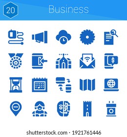 business icon set. 20 filled icons on theme business. collection of Responsive, Laptop, Discount, Domotics, Calendar, Diminish, Saw, Extending leads, Time, Login, Waitress