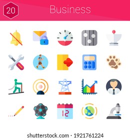 business icon set. 20 flat icons on theme business. collection of calendar, ar camera, repair, calculator, power line, mail, clock, satellite dish, microscope, logout, planet earth