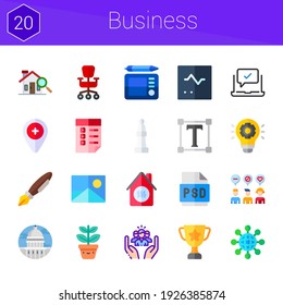 business icon set. 20 flat icons on theme business. collection of psd, office chair, bishop, smart home, monitor, checklist, networking, laptop, house, picture, capitol