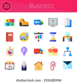 business icon set. 20 flat icons on theme business. collection of parking, calculator, briefcase, time management, graphic design, delivery truck, private message, chronometer