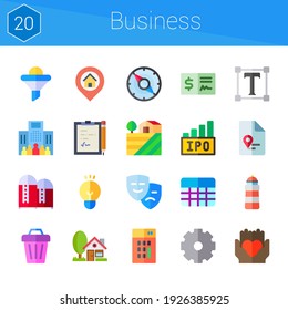 business icon set. 20 flat icons on theme business. collection of calculator, settings, lighthouse, funnel, enterprise, notepad, ipo, silo, house, trash, solution, compass