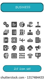 business icon set. 25 filled business icons.  Simple modern icons about  - Exchange, Bridge, Earth globe, Email, Crane, Browser, List, Gas station, Convex, Stopwatch, Agenda, Safe box