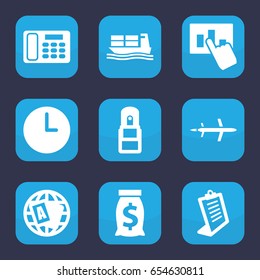 Business icon. set of 9 filled business icons such as globe, clipboard, cargo ship, office supply, desk phone, wall clock, plane, hand on graph