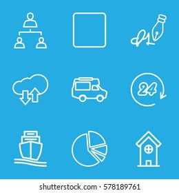 business icon. Set of 9 business outline icons such as building, van, cargo ship, stop, pie chart, ink pen, structure, download upload cloud