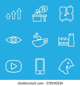 business icon. Set of 9 business outline icons such as chicken, factory, cup with heart, teacher, phone, eye, graph, play