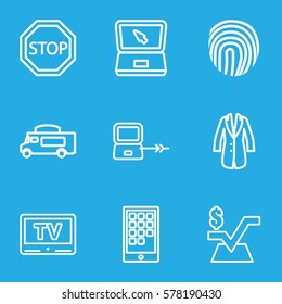 business icon. Set of 9 business outline icons such as laptop connection, mathematical square, van, laptop, jacket, TV, stop, calendar on phone