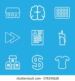 business icon. Set of 9 business outline icons such as T-shirt, resume, brain, fast forward, house building, building, candle, dollar